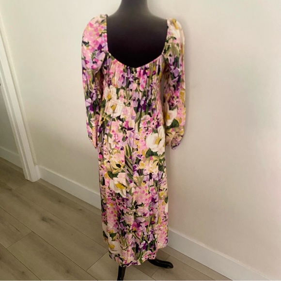 NWT H&M LONG BALLOON SLEEVE SMOCKED FLORAL SWEETHEART NECKLINE MIDI DRESS MEDIUM - Picture 6 of 10